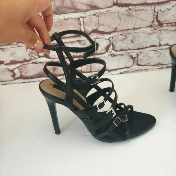Zara Black Leather Strappy Sandals Stiletto Size 37 - Picture 4 of 6